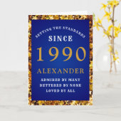 パーソナライズされた誕生日1990標準ブルー金ゴールド カード (黄色い花)