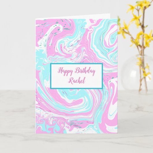 パーソナライズされた誕生日 |ピンクと青の大理石 カード (黄色い花)