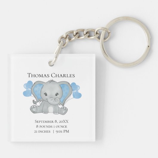 パーソナライズされた誕生統計ベビーエレファントブルーグレー キーホルダー (裏面)