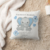 パーソナライズされた誕生統計ベビーエレファントブルーグレー クッション (ブランケット)
