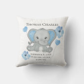 パーソナライズされた誕生統計ベビーエレファントブルーグレー クッション (裏面)