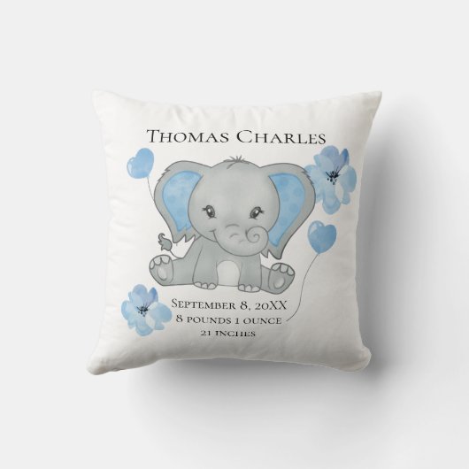パーソナライズされた誕生統計ベビーエレファントブルーグレー クッション (裏面)