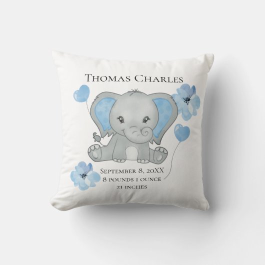 パーソナライズされた誕生統計ベビーエレファントブルーグレー クッション (正面)