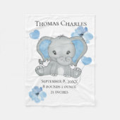 パーソナライズされた誕生統計ベビーエレファントブルーグレー フリースブランケット (正面)