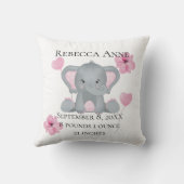 パーソナライズされた誕生統計ベビーゾウピンク灰色 クッション (裏面)