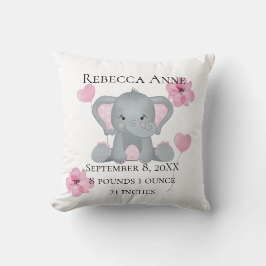 パーソナライズされた誕生統計ベビーゾウピンク灰色 クッション (正面)