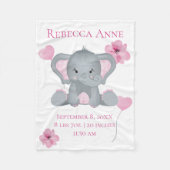 パーソナライズされた誕生統計ベビーゾウピンク灰色 フリースブランケット (正面)