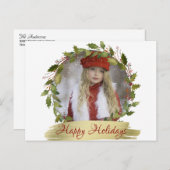 パーソナライズされた赤いクリスマスリース  ホーリー | フォト シーズンポストカード (正面/裏面)