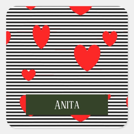パーソナライズされた赤いハートストライプ スクエアシール (正面)