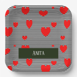 パーソナライズされた赤いハートストライプ ペーパープレート
