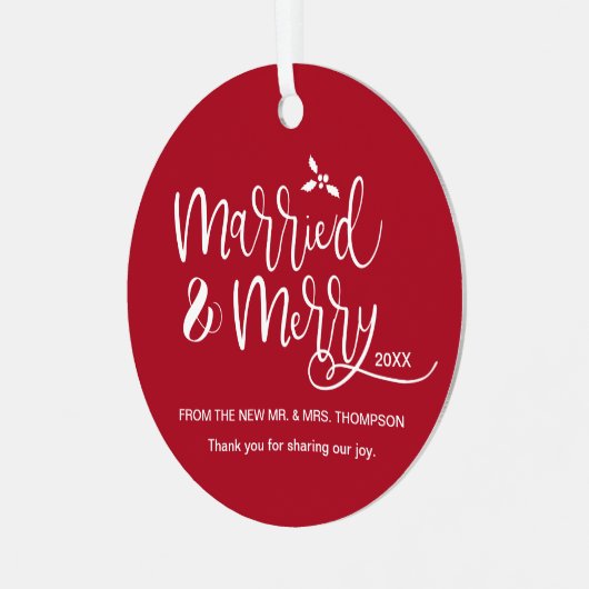 パーソナライズされた赤い結婚式の写真の好意クリスマス メタルオーナメント (正面左)