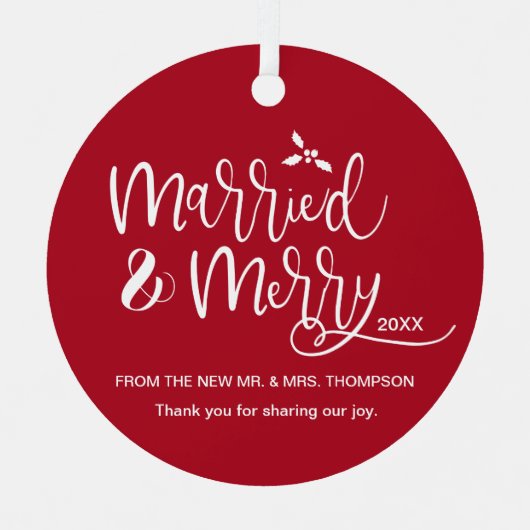 パーソナライズされた赤い結婚式の写真の好意クリスマス メタルオーナメント (正面)