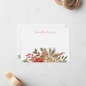 パーソナライズされた赤い花の松のクリスマスカード ノートカード (正面/裏面インサイチュ)