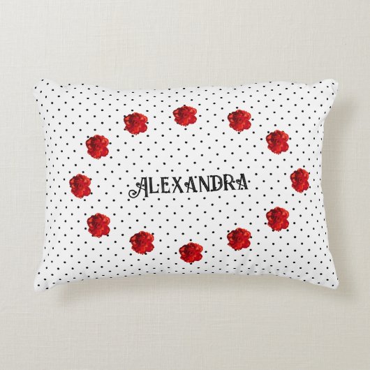 パーソナライズされた赤い花の水玉模様 アクセントクッション (正面)