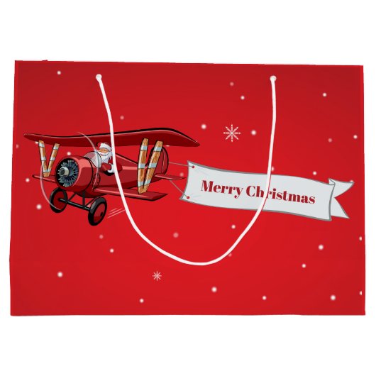 パーソナライズされた赤い飛行機とサンタ、メリークリスマス ラージペーパーバッグ (裏面)