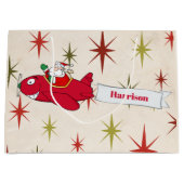 パーソナライズされた赤い飛行機とサンタ、メリークリスマス ラージペーパーバッグ (正面)