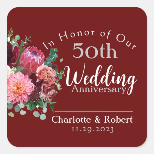 パーソナライズされた赤い50周年カップル結婚記念日 スクエアシール (正面)