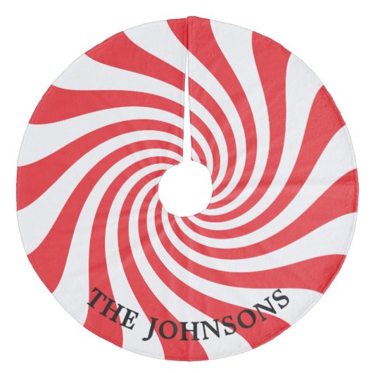 パーソナライズされた赤と白のクリスマス キャンディ フリース ツリースカート (正面)