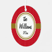 パーソナライズされた赤と白のスイスのドット、金ゴールド、丸 メタルオーナメント (正面左)