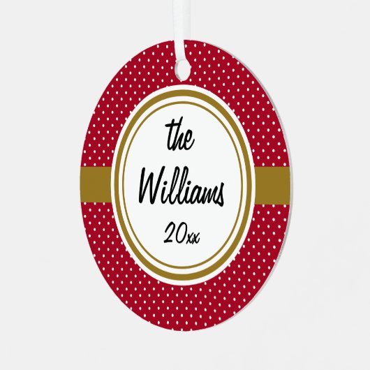 パーソナライズされた赤と白のスイスのドット、金ゴールド、丸 メタルオーナメント (正面左)