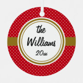 パーソナライズされた赤と白のスイスのドット、金ゴールド、丸 メタルオーナメント (正面)