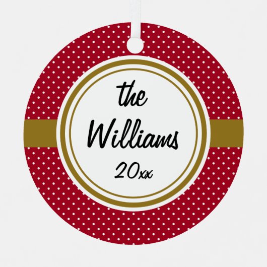 パーソナライズされた赤と白のスイスのドット、金ゴールド、丸 メタルオーナメント (正面)