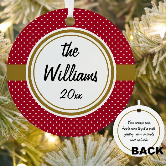 パーソナライズされた赤と白のスイスのドット、金ゴールド、丸 メタルオーナメント