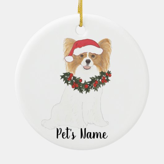 パーソナライズされた赤と白のパピヨン クリスマス セラミックオーナメント (裏面)