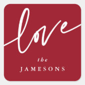 パーソナライズされた赤と白の「ラブ」スクリプトフォント スクエアシール (正面)