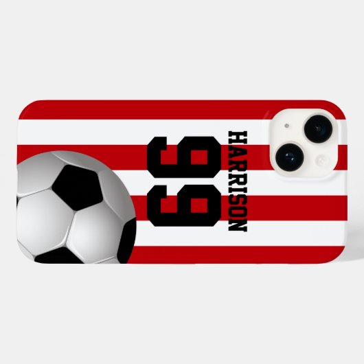 パーソナライズされた赤と白ストライプサッカー Case-Mate iPhoneケース (裏面 (横))