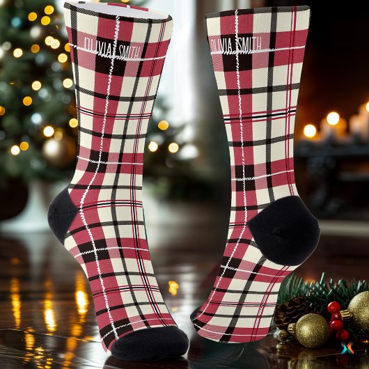 パーソナライズされた赤と白タータンチェックカスタム式 ソックス