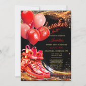 パーソナライズされた赤ゴールドスニーカー ボール 誕生日 招待状 (正面)