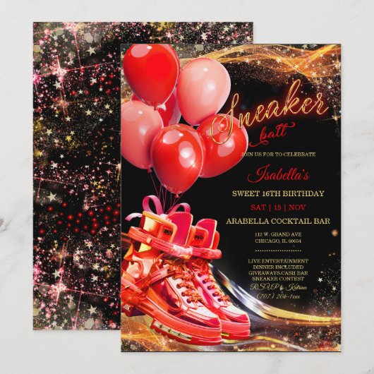パーソナライズされた赤ゴールドスニーカー ボール 誕生日 招待状 (正面/裏面)