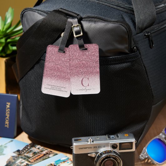 パーソナライズされた赤面ピガーリーンクグリッターモノグラム ラゲッジタグ (正面&裏面)