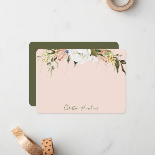 パーソナライズされた赤面ピンクのフローラ水カラー開花 ノートカード (正面/裏面インサイチュ)