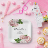 パーソナライズされた赤面ピンクウォーターカラーフローラ誕生日 ペーパープレート (パーティー)