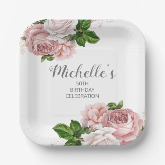 パーソナライズされた赤面ピンクウォーターカラーフローラ誕生日 ペーパープレート (正面)