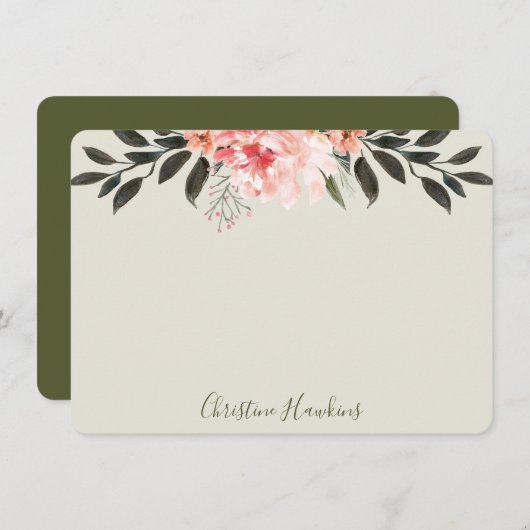 パーソナライズされた赤面ピンクウォーター色の緑モダン色 ノートカード (正面/裏面)