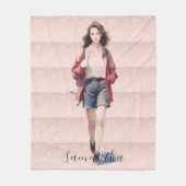 パーソナライズされた赤面ピンクガーリーの女子大生 フリースブランケット (正面)