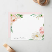 パーソナライズされた赤面ピンクフェミニンフローラ枠 ノートカード (正面/裏面インサイチュ)