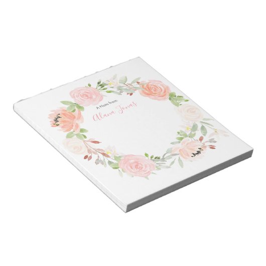 パーソナライズされた赤面ピンクフローラ水色メモ帳 ノートパッド (アングル)