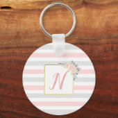 パーソナライズされた赤面ピンク&グレーフローラ キーホルダー (正面)