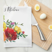 パーソナライズされた赤黄色ピンクの水彩花模様 キッチンタオル (四つ折り)