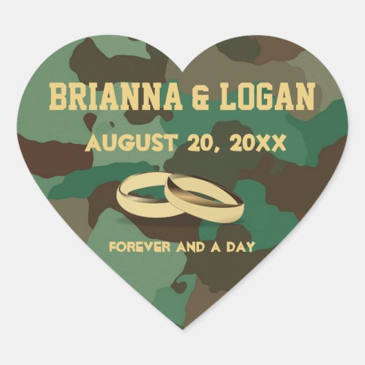 パーソナライズされた迷彩柄ハート結婚のケーキシール ハートシール (正面)