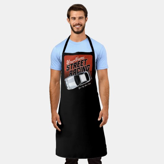 パーソナライズされた通りレーシングレースカーモータースポーツ エプロン (着用した状態)