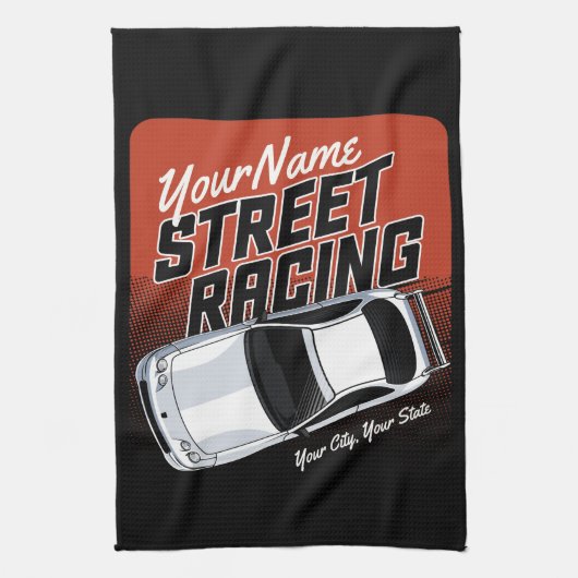 パーソナライズされた通りレーシングレースカーモータースポーツ キッチンタオル (縦)