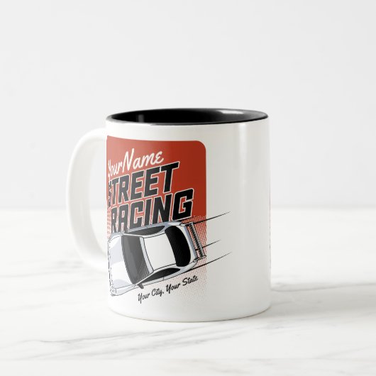 パーソナライズされた通りレーシングレースカーモータースポーツ ツートーンマグカップ (正面左)