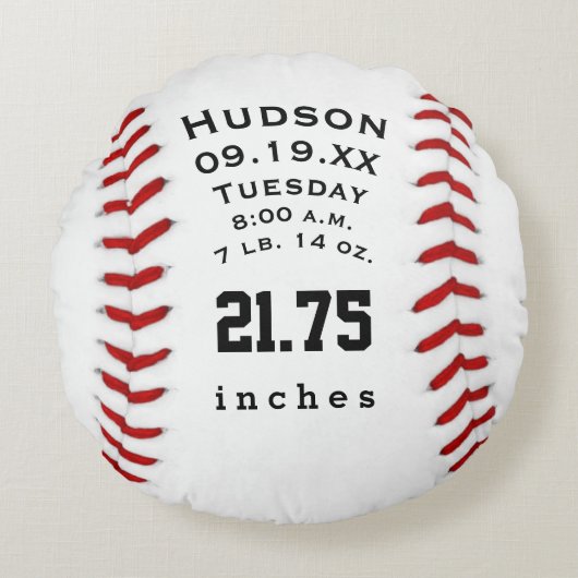 パーソナライズされた野球名とベビー統計 ラウンドクッション (正面)