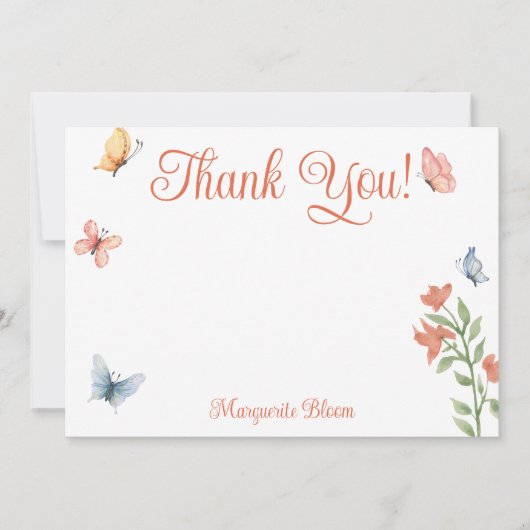 パーソナライズされた野生の花と蝶のブライダルシャワー サンキューカード (正面)