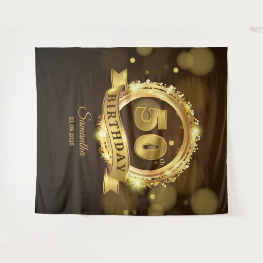 パーソナライズされた金と黒の50歳の誕生日バックドロップ タペストリー (正面(横))